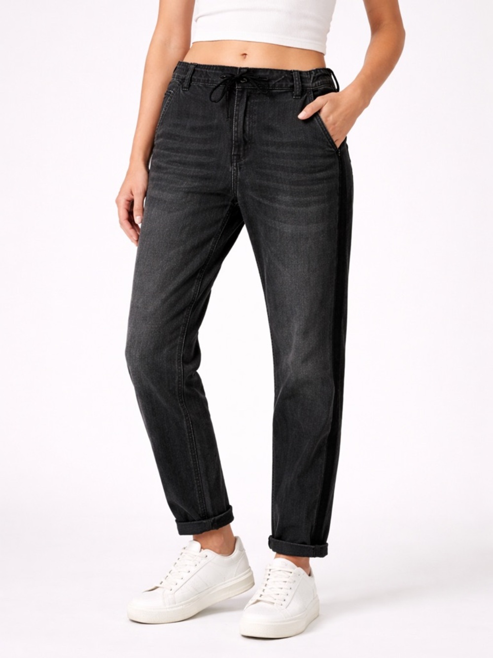 PAIGE Christy Black Wash Side Stripe Drawstring Jeans Women’s 32